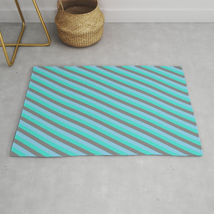 Turquoise, Grey & Sky Blue Colored Striped Pattern Rug