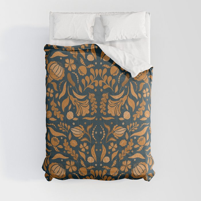 Gold and teal folk flowers Comforter