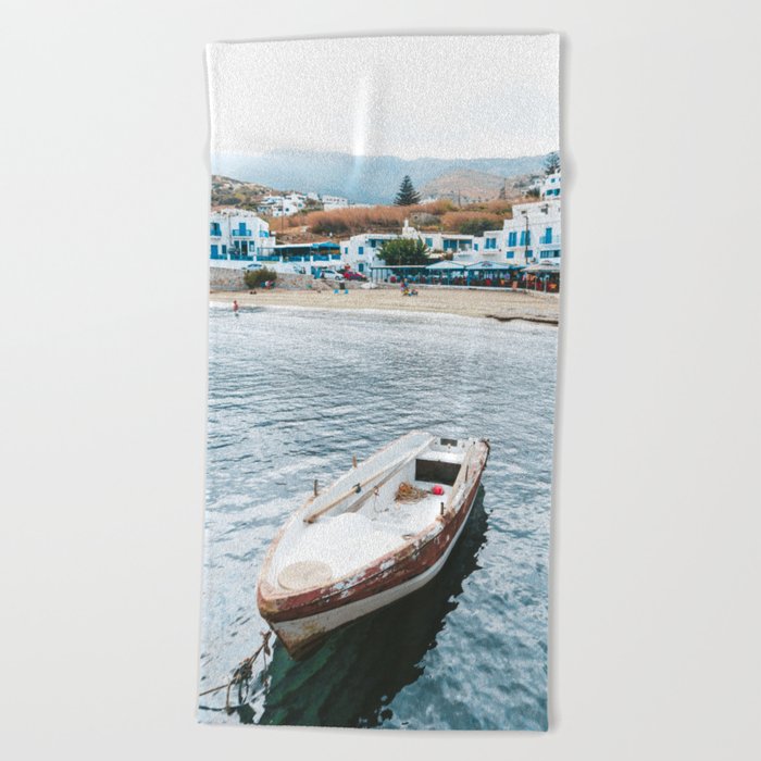 Small Fishers Boat in the Sea | Colorful Travel Photography on the Greek Islands Beach Towel