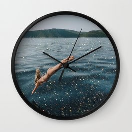 The dive Wall Clock | Nature, Body, Sparkle, Diamonds, Curated, Collage, Creative, Yanapotter, Ocean, Swim 