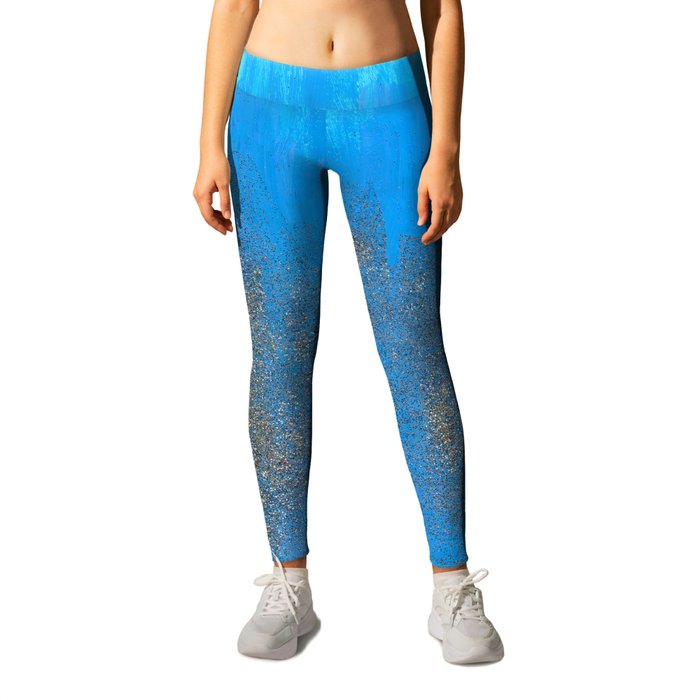 Serene Blue Brushstrokes with Glitter Abstract Leggings