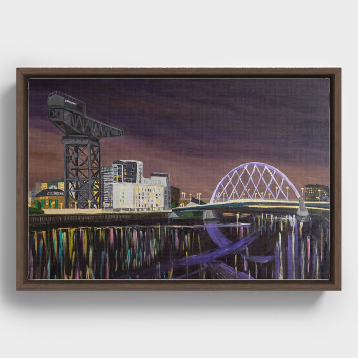 Glasgow Night Skyline with Finnieston Crane and Clyde Arc Painting Framed Canvas