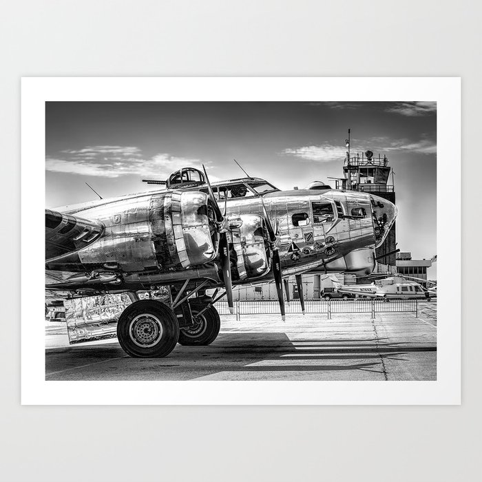 WWII Flying Fortress aviation bomber airplane flight portrait black and white photograph - photography - photographs Art Print
