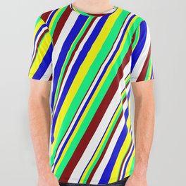 [ Thumbnail: Maroon, White, Blue, Yellow & Green Colored Striped Pattern All Over Graphic Tee ]