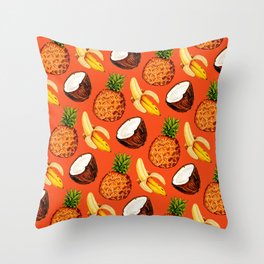 Tropical Banana Coconut Pineapple Pattern - Red Throw Pillow