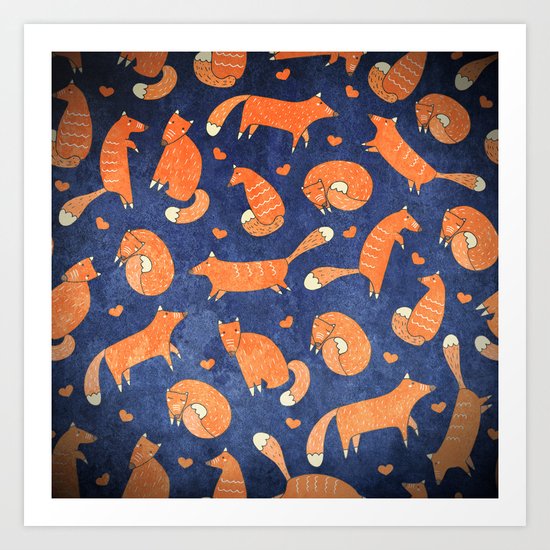 Foxes at Night - Cute Fox Pattern Art Print