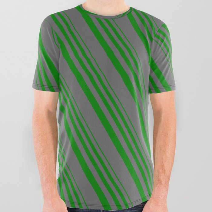 Green & Dim Grey Colored Stripes/Lines Pattern All Over Graphic Tee