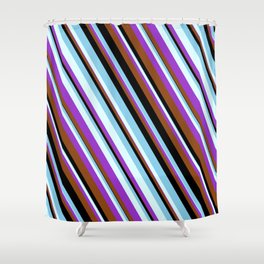 [ Thumbnail: Eyecatching Light Cyan, Dark Orchid, Brown, Black & Sky Blue Colored Stripes/Lines Pattern Shower Curtain ]