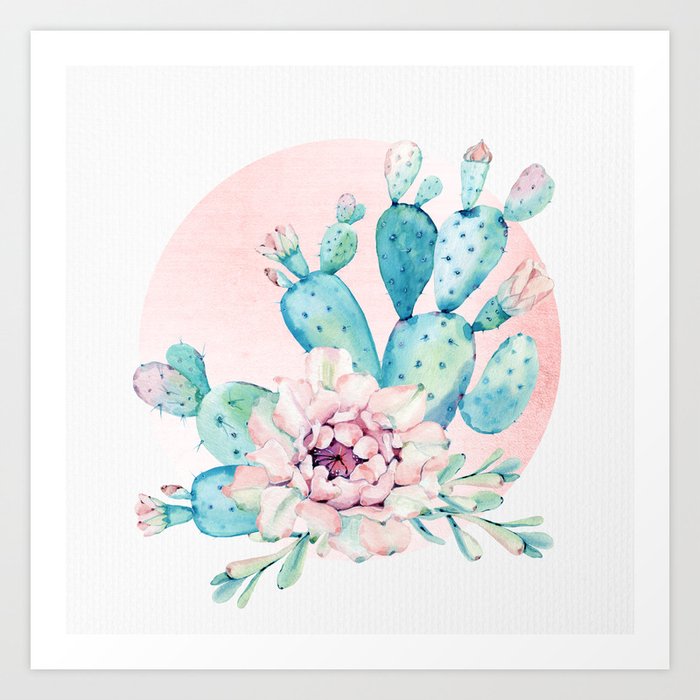 Desert Cactus Flower with Rose Gold Sun Art Print