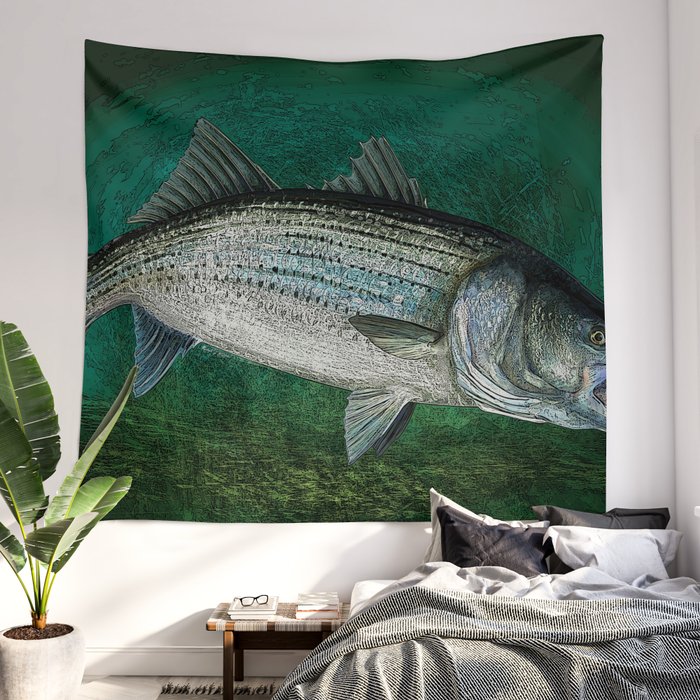 Striped Bass Fishing Art Prints Wall Tapestry by FishwearDesigns