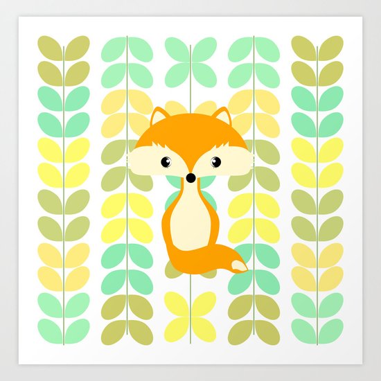Fox and multicolored leaves Art Print