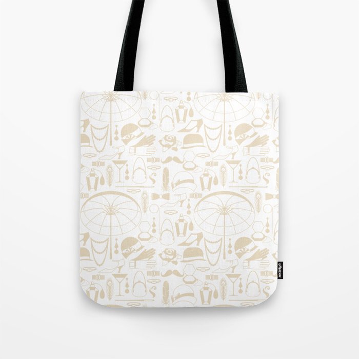 Beige Old-Fashioned 1920s Vintage Pattern on White Tote Bag