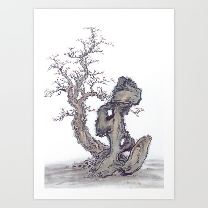 Chinese Ink And Brush Painting Of Trees And Mountains Art Print By