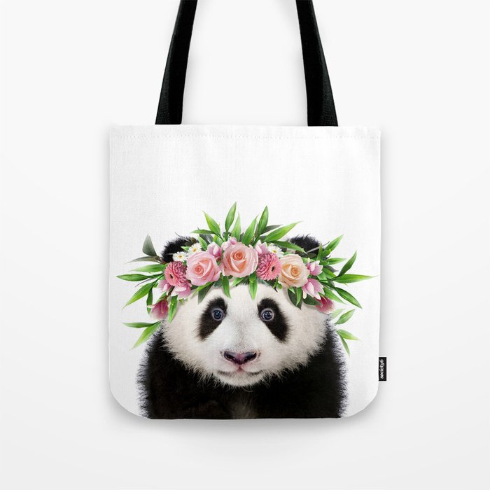 Baby Panda with Flower Crown, Baby Girl, Pink Nursery, Baby Animals Art Print by Synplus Tote Bag