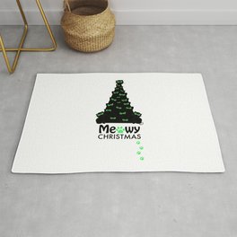 Christmas tree with black cat. ''Meowy Christmas'' text with paw prints. Happy new year greeting car Rug