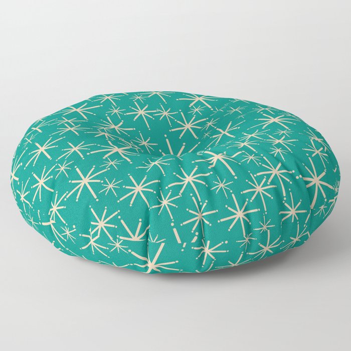 Stella - Retro Atomic Age Starbursts in Midcentury Modern Beige and Turquoise Teal Floor Pillow