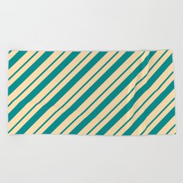 [ Thumbnail: Dark Cyan and Tan Colored Lines/Stripes Pattern Beach Towel ]
