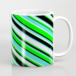 [ Thumbnail: Turquoise, Lavender, Lime & Black Colored Lines Pattern Coffee Mug ]