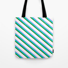 [ Thumbnail: Vibrant White, Plum, Deep Sky Blue, Lime & Black Colored Stripes Pattern Tote Bag ]
