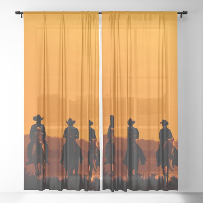 Wild West sunset - Cowboy Men horse riding at sunset Vintage west vintage illustration Sheer Curtain