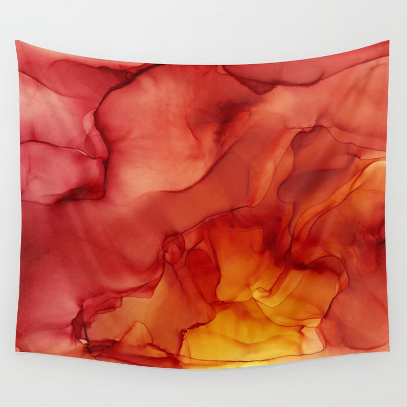 Red Sunset Abstract Ink Painting Red Orange Yellow Flame Wall