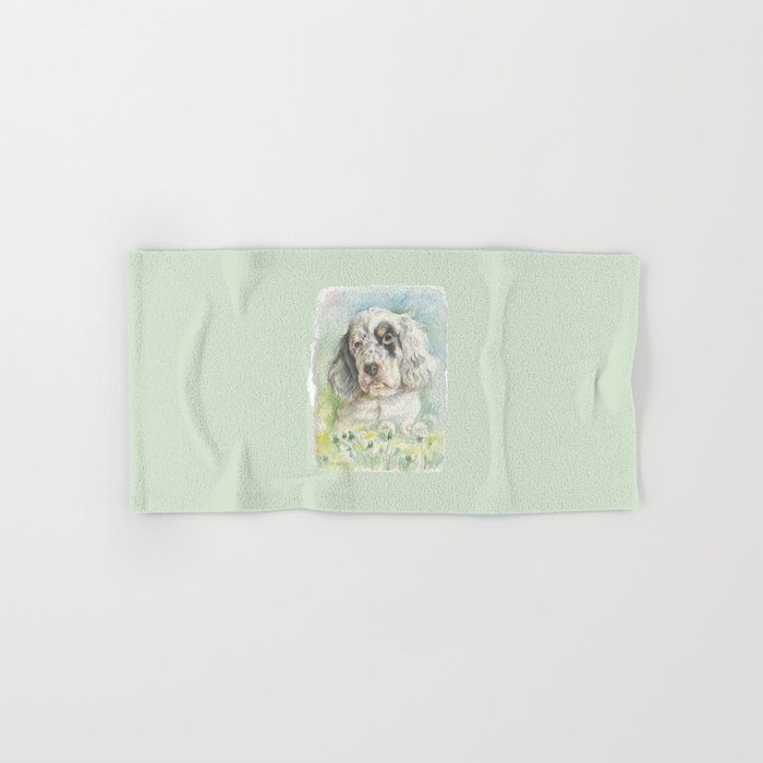 ENGLISH SETTER PUPPY Cute dog portrait on the dandelions meadow Hand & Bath Towel