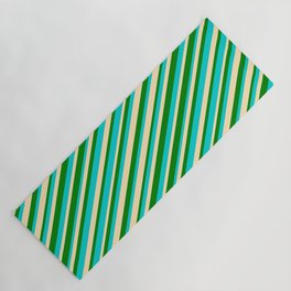 [ Thumbnail: Dark Turquoise, Beige, and Green Colored Striped/Lined Pattern Yoga Mat ]