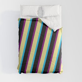 [ Thumbnail: Tan, Deep Sky Blue, Black, and Purple Colored Striped Pattern Comforter ]