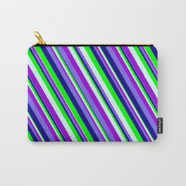 [ Thumbnail: Colorful Light Cyan, Dark Violet, Medium Slate Blue, Blue & Lime Colored Lined Pattern Carry-All Pouch ]