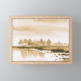 Sepia Misty Marshland 03-Watercolor Painting of Misty Landscapes Framed Mini Art Print