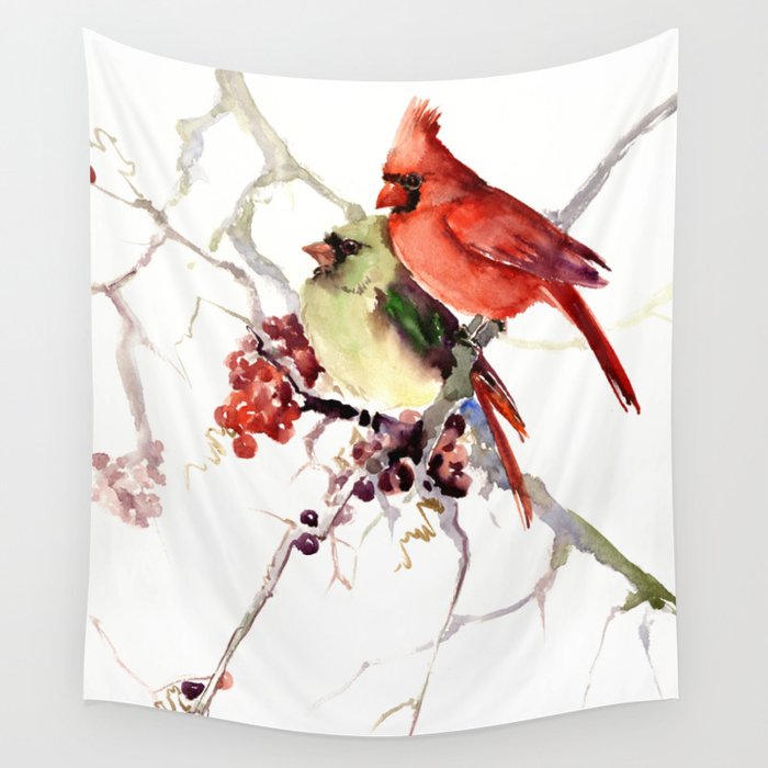 Cardinal Birds, birds art, two bird artwork cardinal bird Wall Tapestry