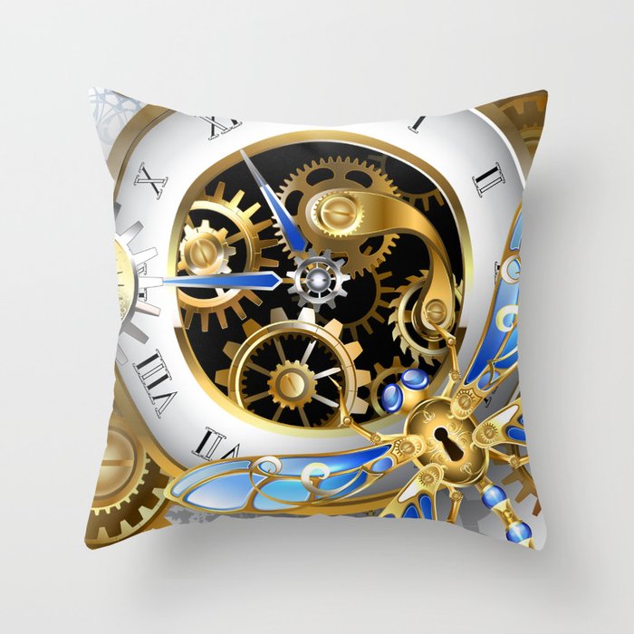 Steampunk Dragonfly with Clock Throw Pillow