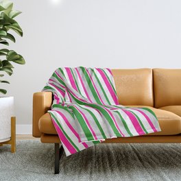 [ Thumbnail: Forest Green, Light Grey, Deep Pink & White Colored Pattern of Stripes Throw Blanket ]