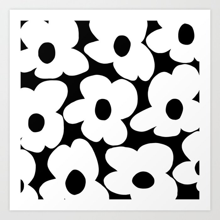 White Retro Flowers Black Background #decor #society6 #buyart Art Print