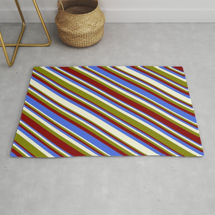 Green, Maroon, Royal Blue, and Beige Colored Stripes/Lines Pattern Rug