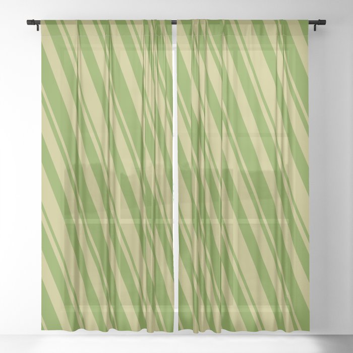 Dark Khaki and Green Colored Striped/Lined Pattern Sheer Curtain