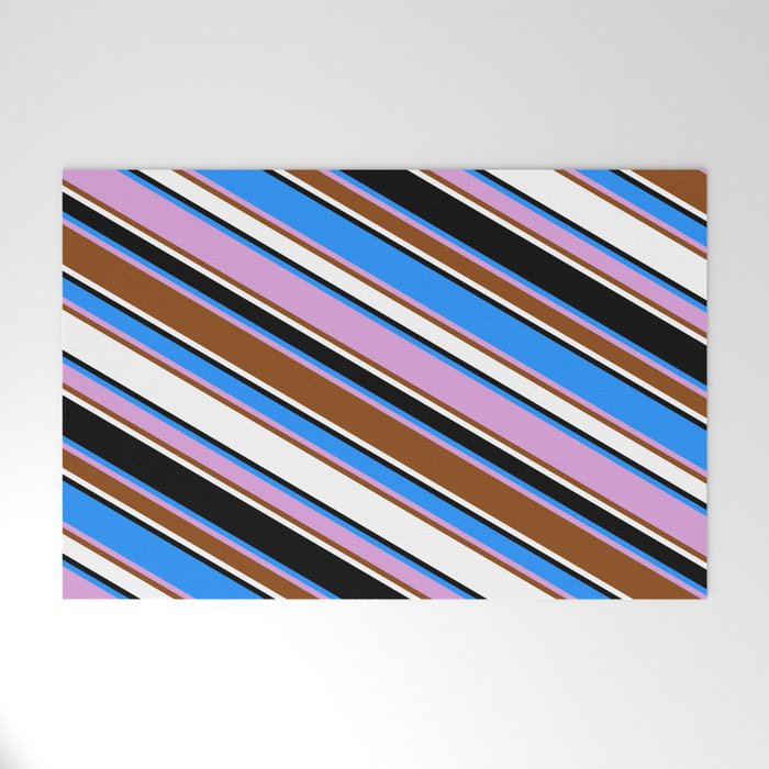 Blue, Plum, Brown, White & Black Colored Lined/Striped Pattern Welcome Mat
