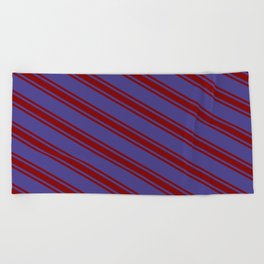 [ Thumbnail: Dark Slate Blue & Maroon Colored Striped Pattern Beach Towel ]