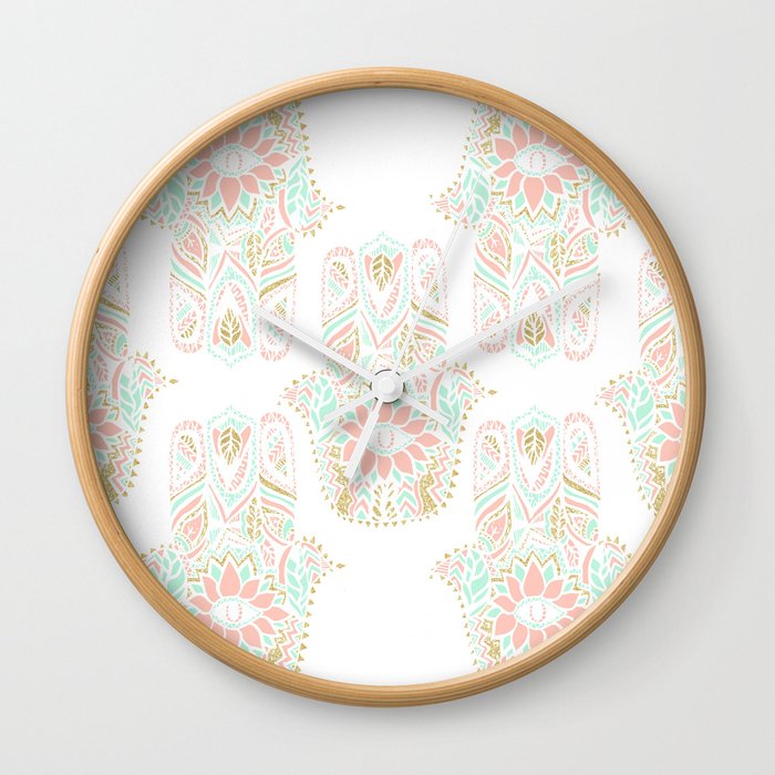 Modern Girly Pink Mint Gold Hamsa Hand Of Fatima Wall Clock By