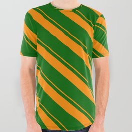 [ Thumbnail: Dark Orange & Dark Green Colored Lines Pattern All Over Graphic Tee ]