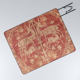 Antique Distressed Red Motif with a Deer, Fawn and Tree Picnic Blanket