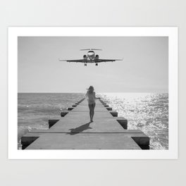 Steady As She Goes 12; aircraft coming in for an island landing black and white photography- photographs  Art Print