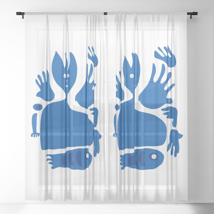 Blue Man Fish and Mystic Hands Minimal Art Sheer Curtain