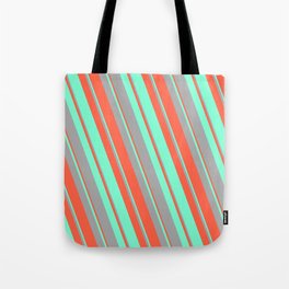 [ Thumbnail: Red, Aquamarine, and Dark Grey Colored Lined/Striped Pattern Tote Bag ]