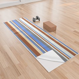 [ Thumbnail: Colorful Sienna, Mint Cream, Gray, Cornflower Blue & Beige Colored Striped Pattern Yoga Towel ]