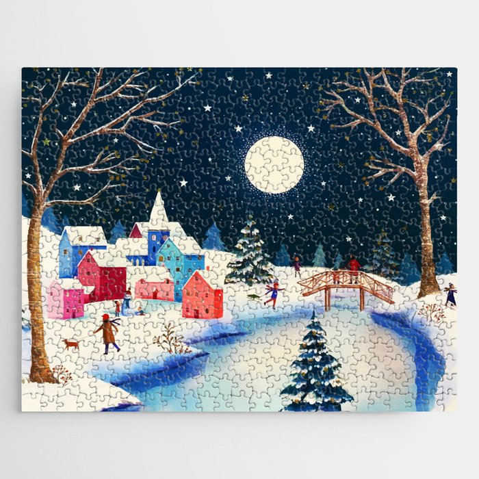 Festive Blue Winter Snow Village Jigsaw Puzzle