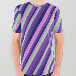 [ Thumbnail: Colorful Light Green, Dark Orchid, Dark Slate Blue, Midnight Blue, Violet Colored Striped Pattern All Over Graphic Tee ]