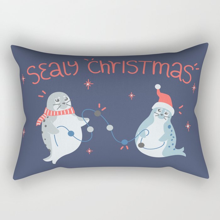 Sealy Christmas Cute Seals in Christmas Hat and Scarf with Twinkle Lights Rectangular Pillow