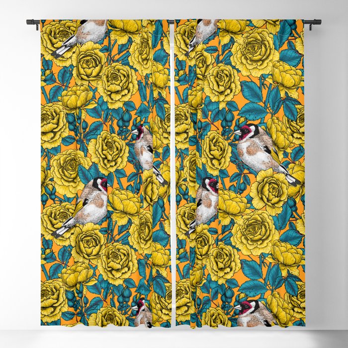  Yellow rose flowers and goldfinch birds Blackout Curtain