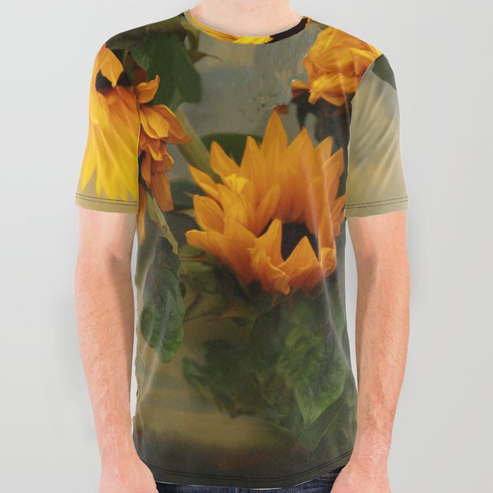 Bouquet of summer Tuscany sunflowers in a vase still life portrait painting All Over Graphic Tee